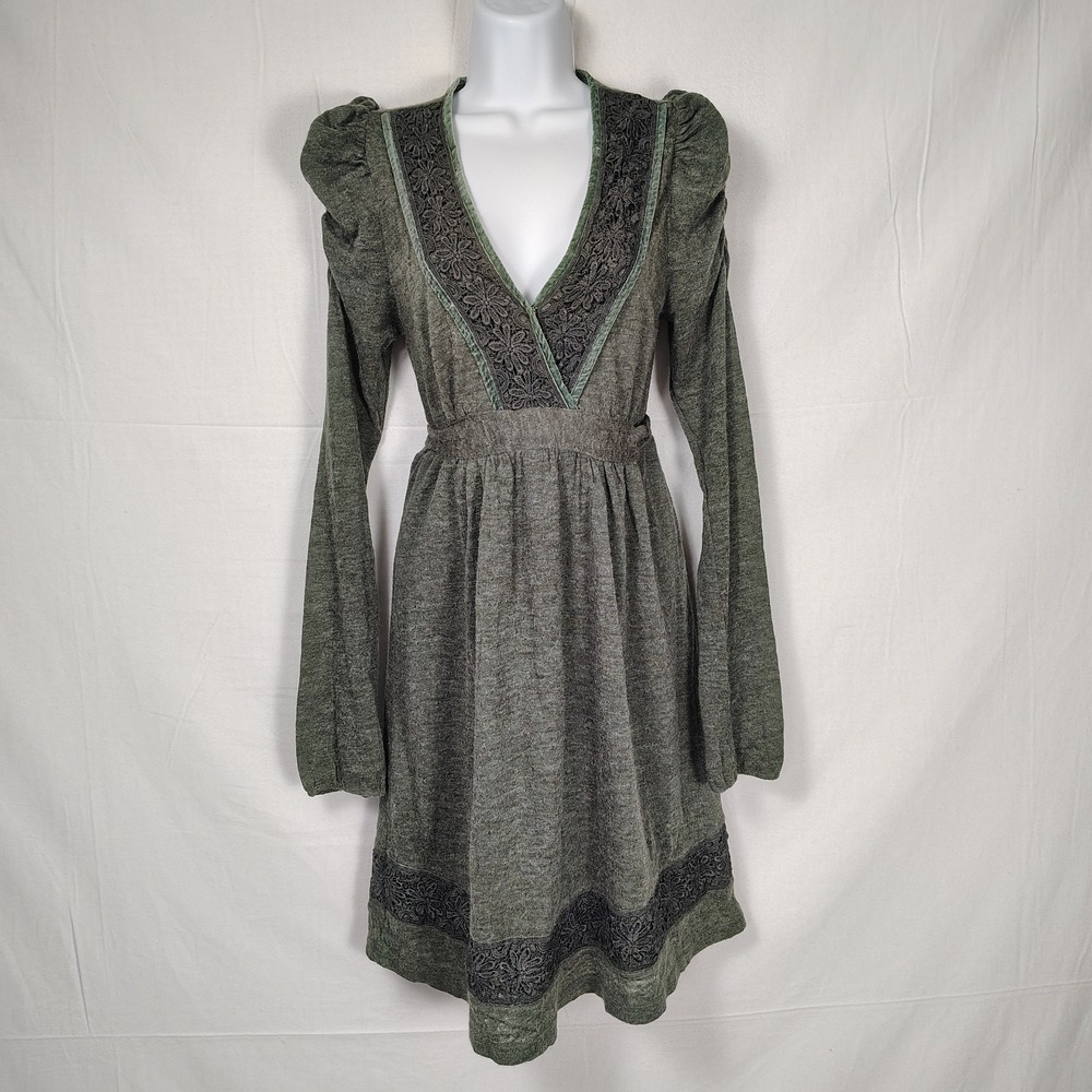 Altar'd State Mini Dress Green Puff Long Sleeve Crochet Velvet Detail Tie Back S